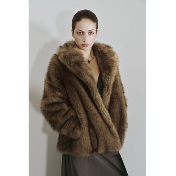 Palton din blana sintetica cu revere largi - Maro deschis