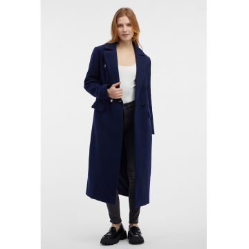 Palton lung din amestec de lana cu nasturi - Bleumarin