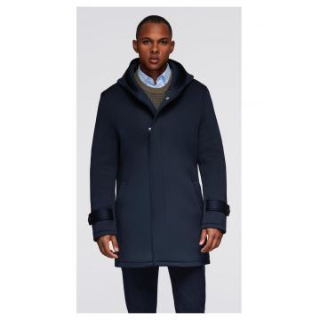 Palton minimalist de lungime medie cu gluga  OM-COLC-0144 - Albastru inchis