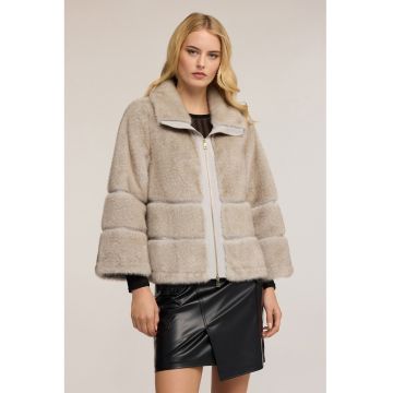 Palton din blana sintetica cu guler inalt - Bej inchis