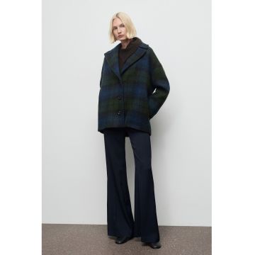 Palton scurt supradimensionat din amestec de lana - Albastru ultramarin/Kaki inchis