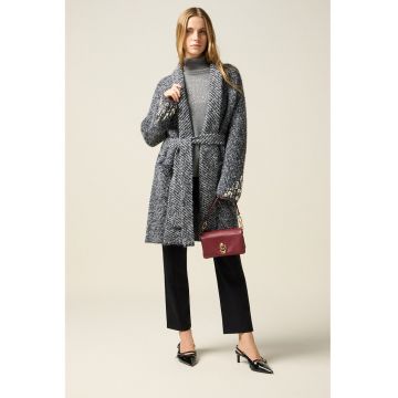 Palton uni cu cordon in talie - Gri inchis melange