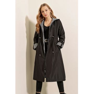 Trench lung cu gluga -  snur in talie - negru - poliester - negru