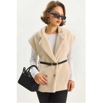 Vesta tricotata plusata  guler tip camasa - bej natural - jerseu