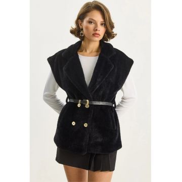 Vesta tricotata plusata  neagra - jerseu - cu guler de camasa