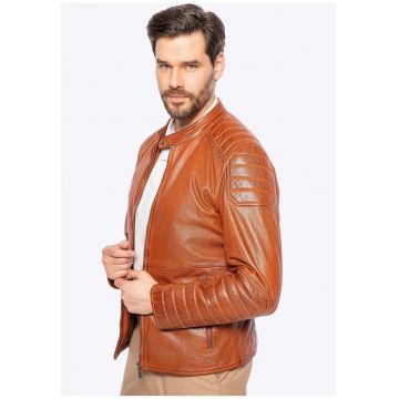 Geaca barbati -  piele de oaie - maro deschis - cu buzunare si guler ridicat