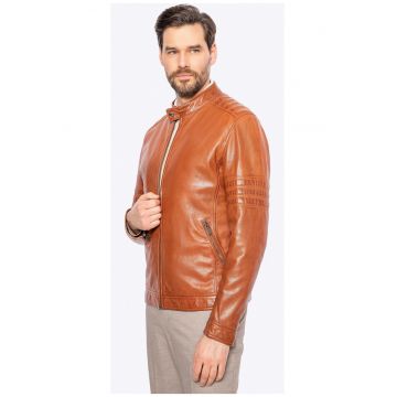 Geaca de motociclist -  piele naturala - cusaturi - maro deschis