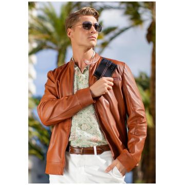 Jacheta barbateasca  piele naturala - maro deschis - 2 caracteristici reprezentative