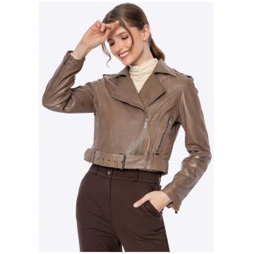 Jacheta biker dama -  piele naturala - bej inchis - maneci ajustabile