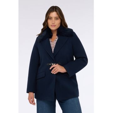 Palton cu garnituri din blana sintetica - Bleumarin