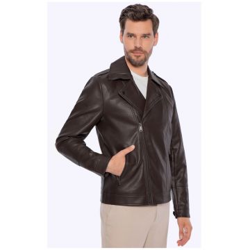 Geaca barbateasca tip biker  piele ecologica - maro inchis - cu epoleti