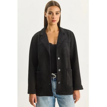 Geaca Bianco Lucci din imitatie de piele intoarsa - neagra - cu nasturi - pentru femei