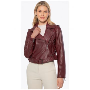 Geaca biker dama -  piele naturala - visinie - maneci ajustabile