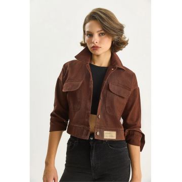 Geaca dama -  cu nasturi - maro mocha inchis - textil