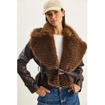 Geaca dama -  imitatie de piele - blana artificiala - maro
