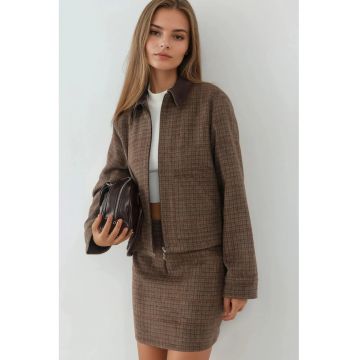 Geaca dama -  jacheta din amestec de lana cu model in carouri - guler din piele intoarsa - textil