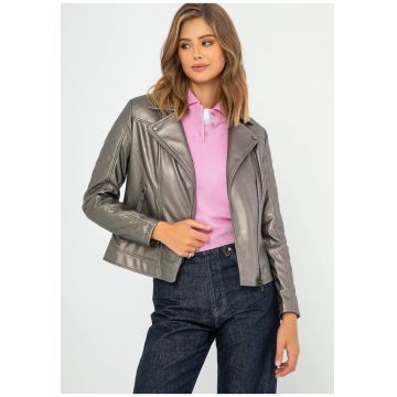 Geaca de dama tip biker -  piele ecologica - maro deschis - detalii decorative