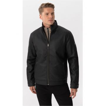 Geaca de piele ecologica - barbati - cu buzunare cu fermoar -  J-Nino - Neagra