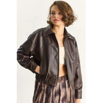 Geaca din piele ecologica - Bianco Lucci - relaxata - fermoar - buzunare - maro