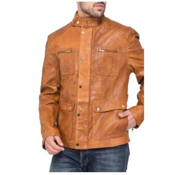 Geaca din piele -  maro - cu fermoar - cu buzunare - pentru barbati -