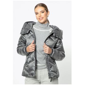 Geaca matlasata dama -  argintiu - nylon - cu gluga