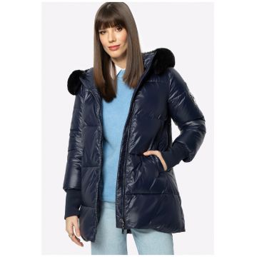 Geaca matlasata dama  bleumarin - din nylon - cu gluga detasabila