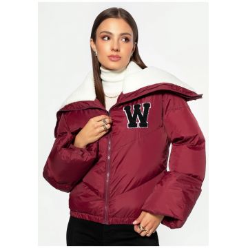 Geaca matlasata dama  guler captusit cu blana artificiala - rosu - poliester