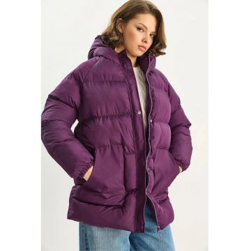 Geaca matlasata  midi - cu gluga - mov ametist - textil