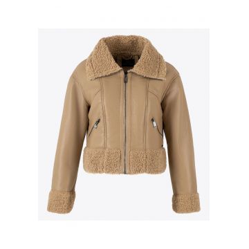 Geaca scurta dama  din piele ecologica - bej - cu blana artificiala - versatila