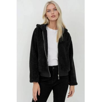 Jacheta dama -  jacheta din fleece gluga - negru - textil