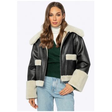 Jacheta de dama  cu blana artificiala - neagra - din piele ecologica
