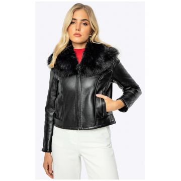 Jacheta de dama -  din piele ecologica - cu guler din blana artificiala - negru