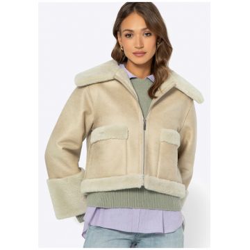 Jacheta de dama  scurta - cu blana artificiala - bej - piele ecologica