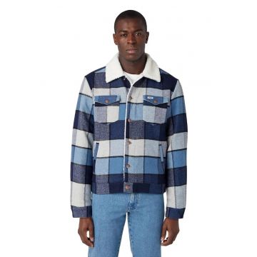 Jacheta  din lana si poliester - carouri albastre si gri -