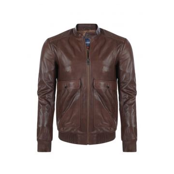 Jacheta din piele -  maro - guler ridicat - fermoar - barbati -
