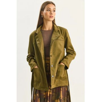 Jacheta  tip camasa din imitatie de piele intoarsa - verde kaki - textil -