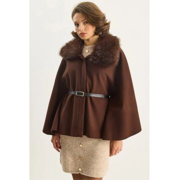 Palton dama  din amestec de lana - guler din blana artificiala - Maro Mocha Inchis -