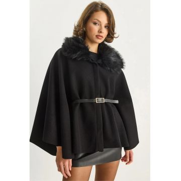 Palton dama  din amestec de lana - guler din blana artificiala - textil - Negru -