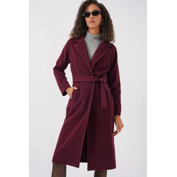 Palton dama -  din plus - elegant - visiniu - textil - Visiniu