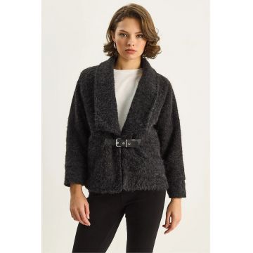 Palton dama - HiCCUP - cu detaliu curea - negru - fleece