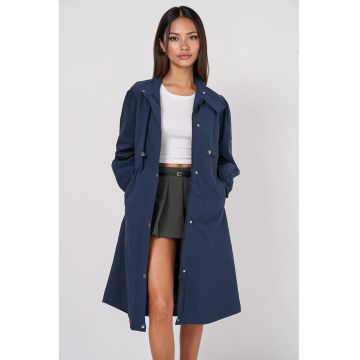 Palton dama HiCCUP - trench lung - guler rabatabil - bleumarin - poliamida