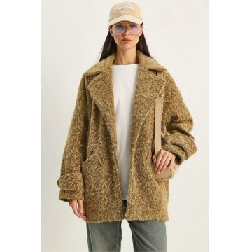 Palton dama -  jacheta texturata supradimensionata - maro camel - fleece