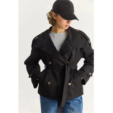 Palton dama  tip Trench - negru - textil - Regular Fit