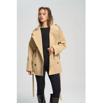 Palton dama  trench midi - bumbac si poliester - camel brown