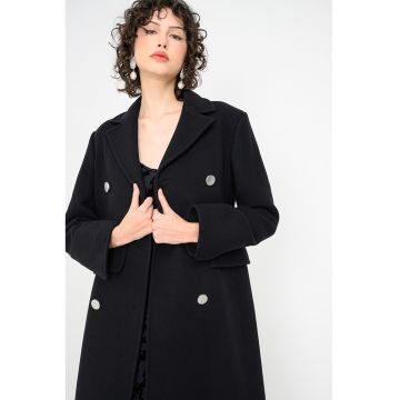 Palton lung din amestec de lana cu model cu doua randuri de nasturi Fenis - Negru