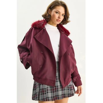 Trench dama - HiCCUP - trenci cu guler de blana artificiala - rosu burgund - textil