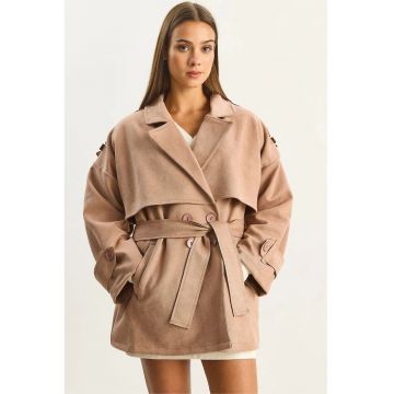 Trench dama -  midi - doua randuri de nasturi - bej - textil