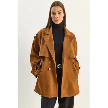 Trench dama  trench midi - doua randuri de nasturi - maro - textil