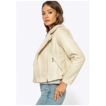 Geaca de dama tip biker -  blana artificiala - crem - piele ecologica