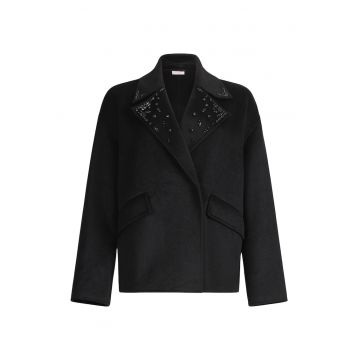 Palton din amestec de lana cu broderie cu decoratii - Negru